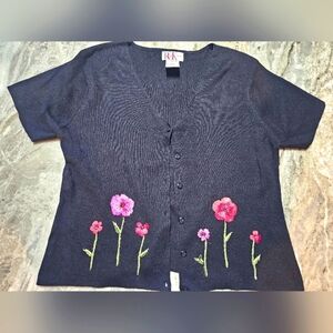 R & K Originals Size 14 Black Floral Embroidered Button Down Knit Top